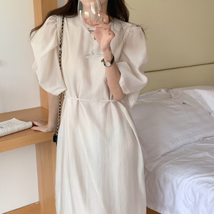 chic French Niche Gentle Pleated Palace Bubble Sleeve Solid Color Loose Lace-Up Crewneck Rear Split Dress for Summer