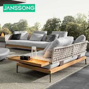 Rattan Sofa Set for Villa, Homestay, Garden Furniture, Coffee Table, Outdoor Waterproof Rope Woven Solid Wood Sofa
