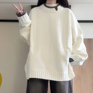 Lazy Autumn and Winter New Korean Style Fake Two-piece Contrast Color Stitching Long-sleeved Sweater Women's Loose Slimming All-match Top Trendy