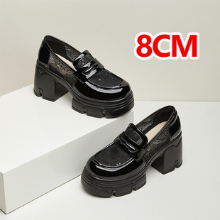 Black High Heeled Loafers Women's Thick Heeled Spring Hollow British Thick Sole Small Leather Shoes Increased 10CM8CM
