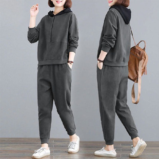 Casual sports suit women's loose new hooded fashion plus size Spring and Autumn Sweater running clothes two-piece women's clothing