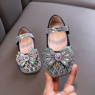 2024 Spring and Autumn New Lady Baby Girl Girl Princess Diamond Shoes Leather Shoes Dance Shoes