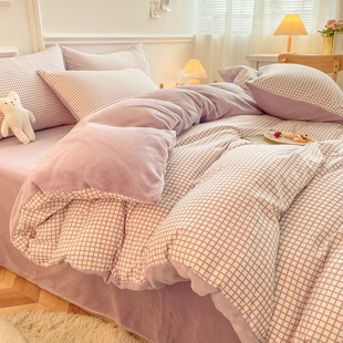 AB surface cotton and milk velvet four-piece set simple Plaid washed cotton single-sided velvet three-piece set flannel student dormitory