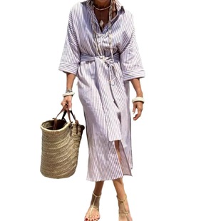 European and American Independent Station TM Amazon New Stripesd Shirt Slit Slit Dress Summer Shirt