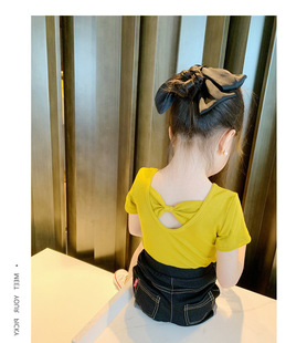2023 Summer New Short-sleeved Children's Crewneck T-shirt Girls' Sling Shirt Base Shirt Solid Color Back Bow
