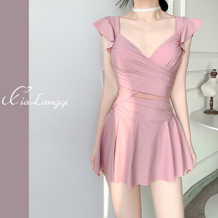 Women's one-piece swimsuit Xia Chun Wants Wind Explosions Conservative Skirt Belly-covering Slimming Small Chest Gathering Hot Spring Swimsuit