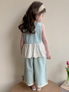 Girls' suit Denim Summer 2025 New Children's Stylish Fashionable Women's Treasure Summer Vest Wide-leg Pants Two-piece Set