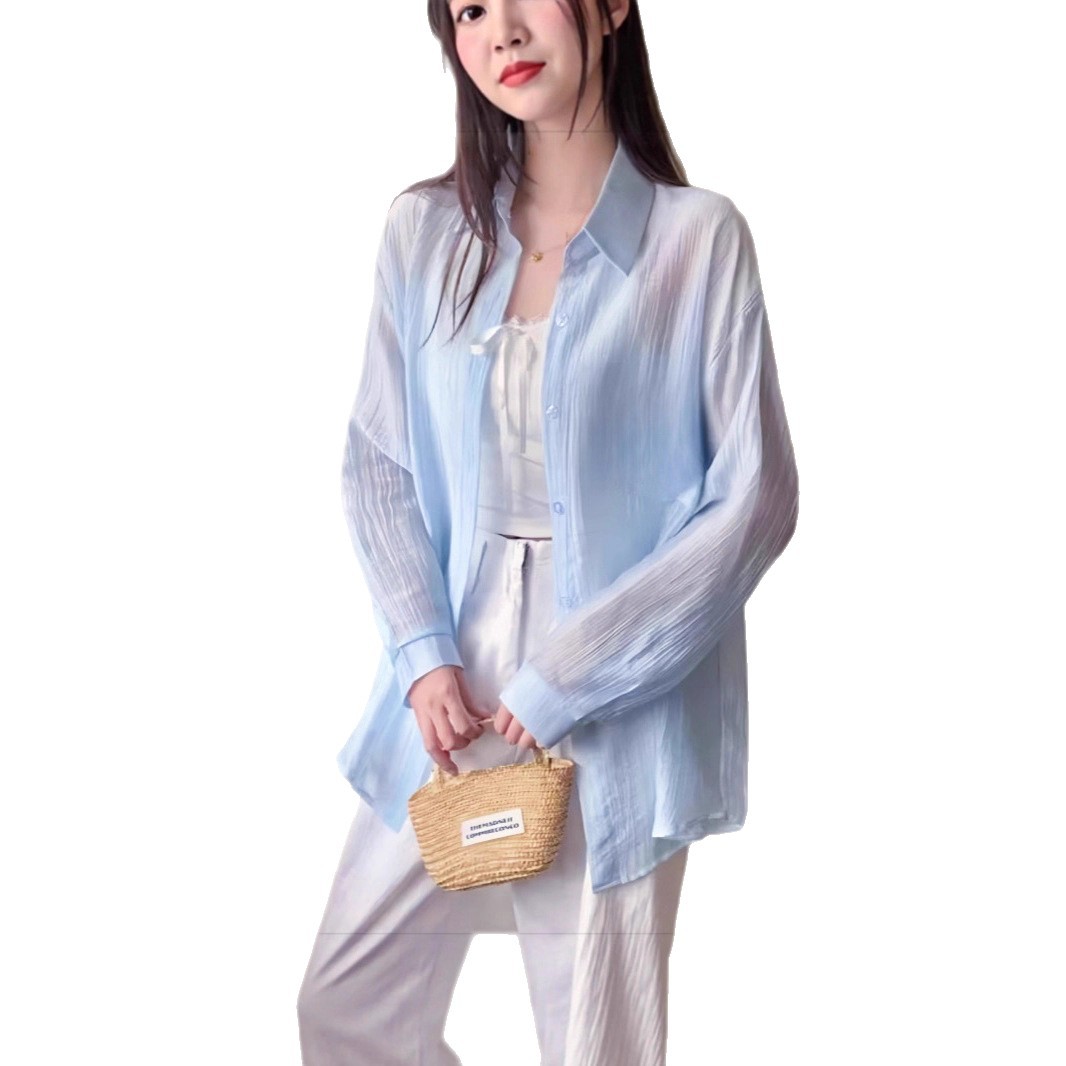 여성용 리오셀 텐셀 주름 자외선 차단 셔츠 여름 얇은 카디건 스몰 셔츠 레이지 스타일 다용도 탑