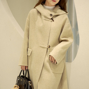 Korean style horn buckle long wool double-sided woolen coat fashion single-breasted with hat artistic style wool coat