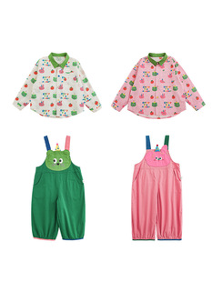 Wurib a boy spring new contrast color lapel cartoon full print shirt 2025 new straight leg suspenders trendy