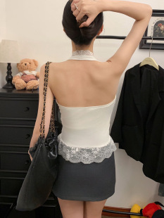 Lace Stitching Striped Neck Vest Women's Autumn and Winter Slim-fit Interior with Chest Pad Pure Beautiful Back Short Top