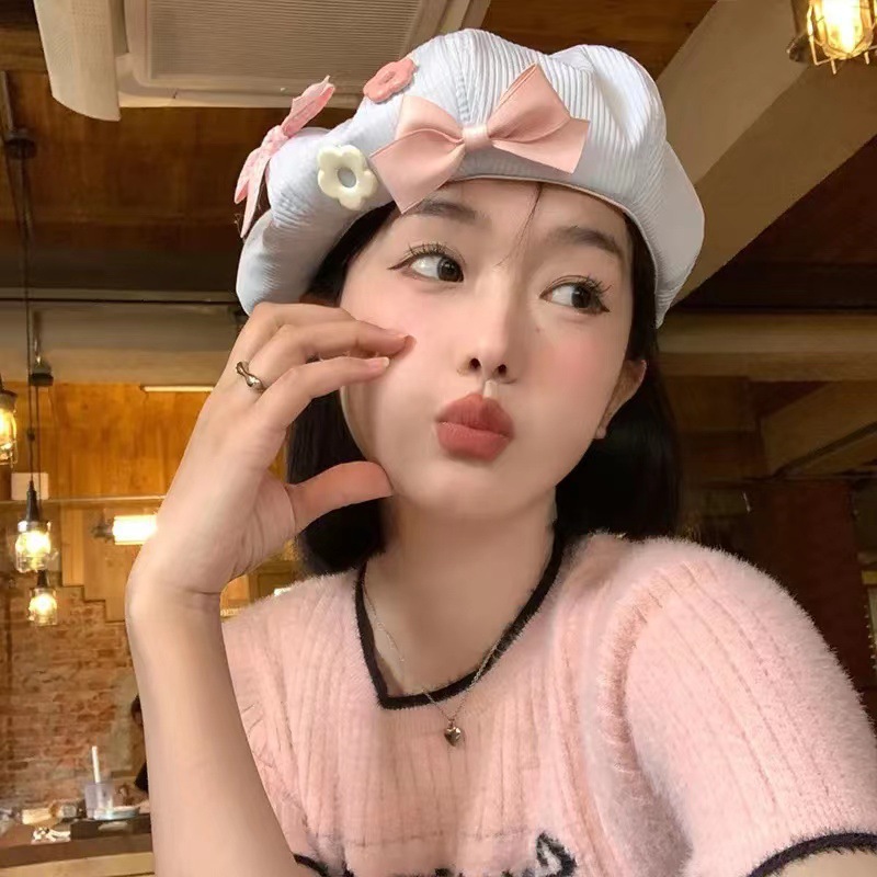 Bow Flower Beret Women's Japanese-style Cute All-match Cyber Celebrant Beilei Painter's Hat Showface Small Big Head Wai Hat