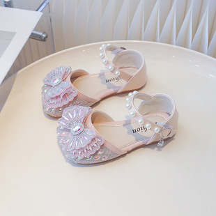 Children's Shoes Girls' Half Sandals 2024 New Korean Style Soft Bottom Rhinestone Girl Baby Princess Shoes