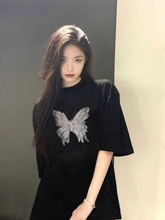 2024 New Summer American Style Retro Trendy Brand Black Short-sleeved T-shirt Women's Loose Design Sense Butterfly Short-sleeved Top