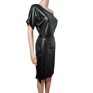 2024 AliExpress Amazon shrimp skin black oblique collar batwing short sleeve imitation leather Bodycon dress in stock