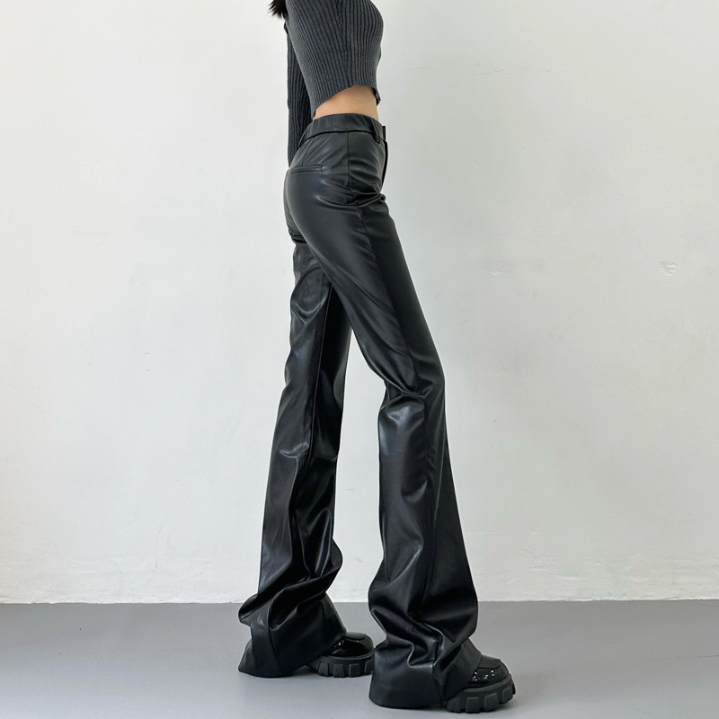 American-Style High-Waisted Black Pu Leather Pants for Women, 2026 Autumn New Slim-Fit Slightly Flared Pu Leather Pants, Versatile Floor-Length Pants