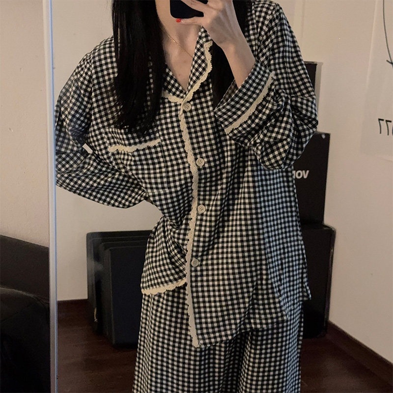 Women's pure cotton pajamas for spring and autumn, black plaid, high-end, long-sleeved, student casual style, can be worn outside, home wear set