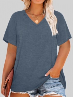 Cross-border Foreign Trade plus size Clothing European and American Casual V-neck Pullover Women's T-shirt Single Piece Stamping Plus Size Women's Clothing