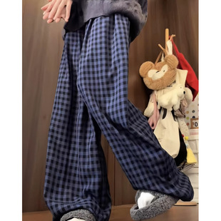 Tiktok Quality Blue Plaid Pants for Women Summer 2025 Popular Loose Slimming Casual Pants Straight Wide-Leg Sports Pants