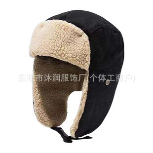in stock Autumn and Winter Lamb Velvet Pilot Lei Feng Cap Cold-proof Cotton Cap Outdoor Motorcycle Skiing Windproof Ear Protection Warm Cap