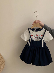 Girls' Korean-style Summer New Cute Cat Short-sleeved 2025 All-match Strap Striped Fluffy Strap Skirt Two-piece Set