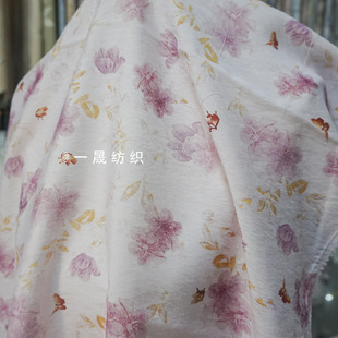 Flowers Fresh Guofeng Watercolor Halo Printed Subparent Fabric Monofilament Hemp Butterfly Imitation Ramie Cheongsam Fabric