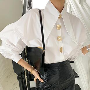 South Korea chic spring elegant temperament pointed collar chic single row button loose lantern sleeve shirt top for women