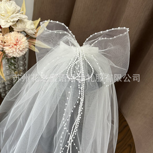 Wedding veil main wedding dress white bride license registration bow Pearl beautiful Princess handmade hair accessories short