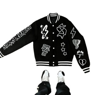 American Retro Street Fashion Brand Embroidered Patchwork Baseball Suit for Men and Women Autumn and Winter High Street Hip Hop Loose Jacket Coat