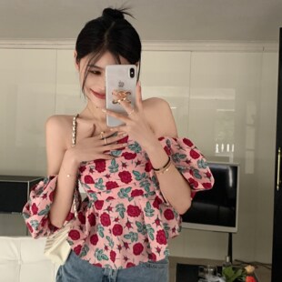 French-style Floral Strapless Shoulder Bubble Sleeve Shirt Design-feeling Folded Waist Shoulder Top for Women in Summer