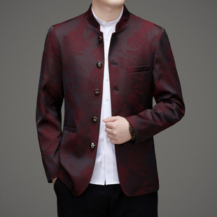 Autumn 2024 Middle-aged Tang Suit Men's Coat Zhongshan Suit Thin Imitation Xiangyun Yarn Tang Suit New Chinese Style Dad Suit