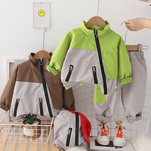 New Boys' Baby Fashion Casual Simple 2024 Children's Wear Color-matching Oblique Zipper suit Two-piece Set