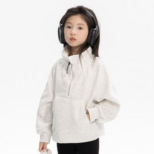 Children's stand collar sports sweater coat 2025 spring new girls lulu with half zipper loose casual top