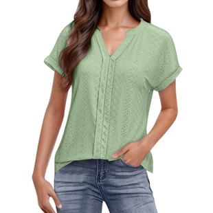 Cross-border 2025 Europe and America Amazon TEMU New V-neck Loose Women's Shoulder Sleeve Hollow Short-sleeved T-shirt Women