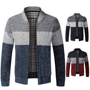 Foreign trade autumn and winter new cardigan sweater men's long sleeve stand collar sweater fleece-lined thick color matching warm jacket coat