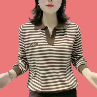 Spring and Autumn New Women's Long Sleeve T-Shirt 2024 Trendy Lapel Striped Women's Polo Shirt Western Style Easiest for Match Tops for Women