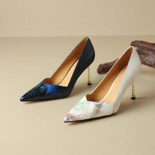 French Pointed Stiletto Heel Shallow Mouth Shoes Women's Autumn New 2024 Leather Fashion Colorblock Snakeskin Elegant High Heels