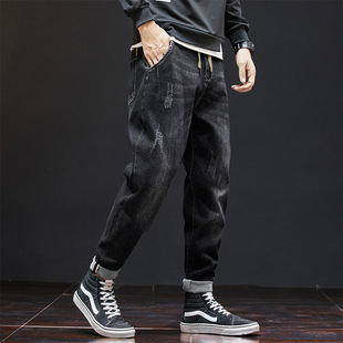 Spring and Autumn Jeans Men's Loose plus size Fat Harem Pants Elastic Waist Lace-up Black Leg Trousers Stretch Trendy