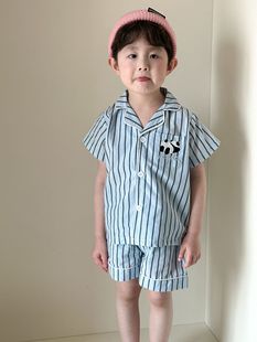 Children's Pajamas Baby's Summer Thin Cotton Striped 2025 New Boys Short-sleeved Trousers Suit Girls' Home Clothes