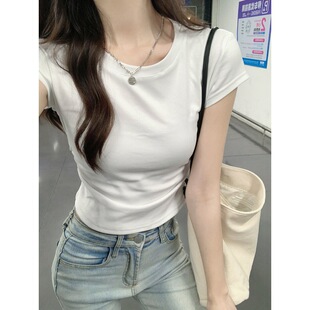 Short-sleeved T-shirt Women's 2024 New Design Sense Tight Waist Slimming Pleated Short Vest Top Solid Color Hot Girl T-shirt
