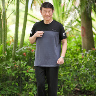 Dad Summer Dress suit Middle-aged and Elderly Sports T-shirt Short-sleeved suit Summer Dress for the Elderly Male Grandpa Summer Dress 50-60-year-old