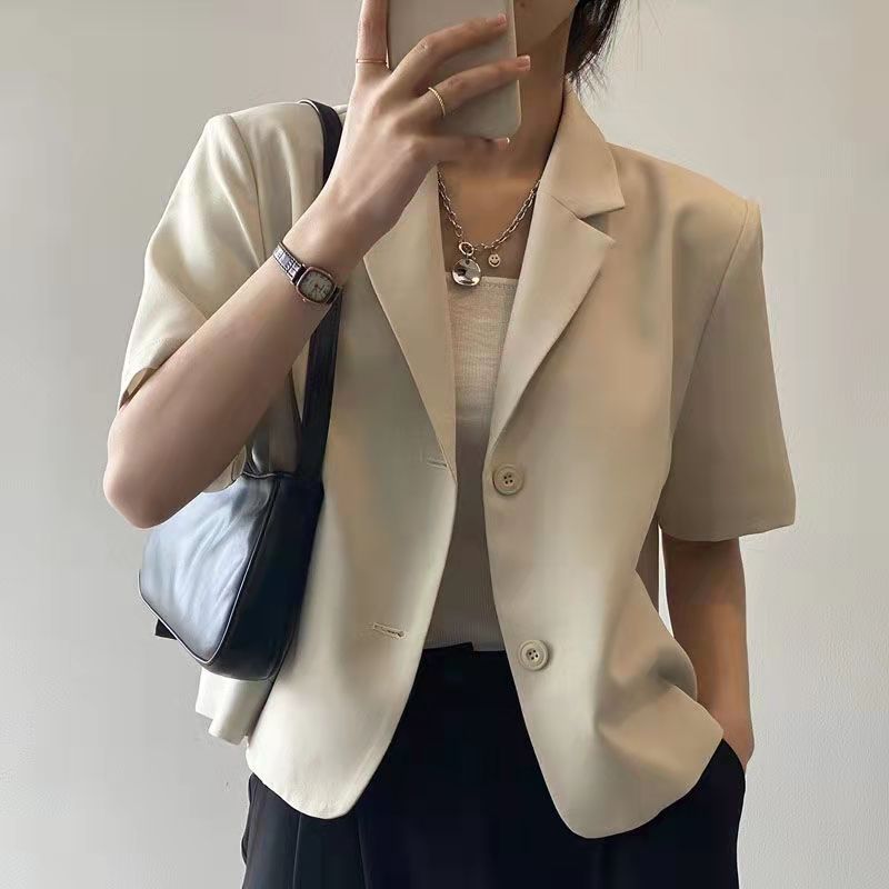 여성용 반팔 블레이저, 얇은 봄, 가을, 여름 한국식 트렌디한 드레이프 쇼트 스타일 인터넷 연예인 작은 양복 상의