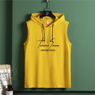 Embroidered Vest Men's Summer Sports Student Fitness Sleeveless T-shirt Loose Stretch Cotton Waistcoat Hooded Vest