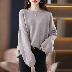 2023 Spring and Autumn New Grey Sweater Loose Elegant Lazy Shoulder Pullover Long Sleeve Base Crewneck Sweater for Women