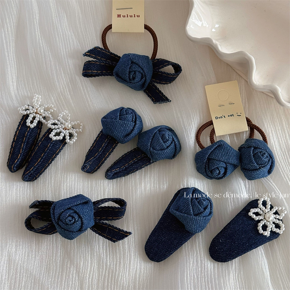 Dark Denim Series Cute Millet Pearl Rose Flower Hair Clip Hair Ring BB Clip Side Clip Hair Accessories New Style