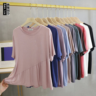 Korean Style Women's Modal Distinctive Hanging Summer Round Neck Loose Slim T-shirt Pleated Large Size Short Sleeve Base Shirt