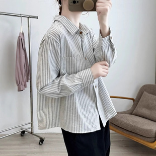 2025 Spring New Artistic Fresh Cotton Striped Shirt Long Sleeve Loose Lapel Casual All-match Shirt Top
