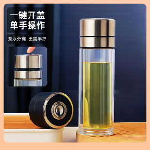 ✅All-inclusive steel one-button open lid double-layer high borosilicate glass quick open car tea separation gift cup wholesale generation