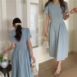 2023 Summer Korean Style French Style Elegant Round Neck Solid Color Pleated Design Tight Waist Slimming Mid-length Dress