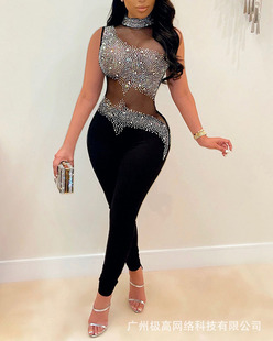 2022 New Amazon Supply European and American Fashion Sexy Mesh See-through Hot Diamond Sleeveless Jumpsuit